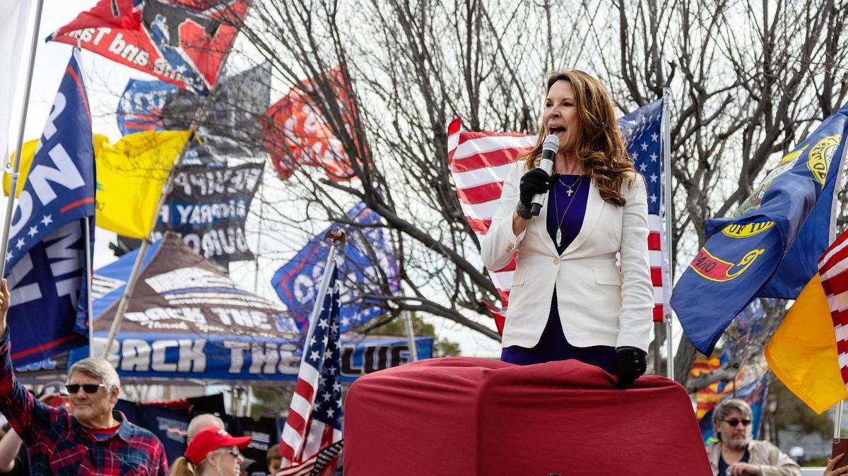 Idaho Lt. Governor Janice McGeachin speaks at a rally to support truckers and protest against COVID-19 vaccination mandates near the TA Travel Center and truck stop on Wednesday, March 2, 2022 in Boise.