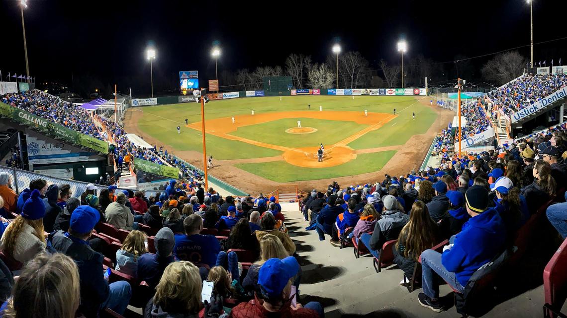 Boise State fans fill up Memorial Stadium to celebrate the Broncos’ first baseball home opener in 40 years in a nonconference game against Northern Colorado on Feb. 28.