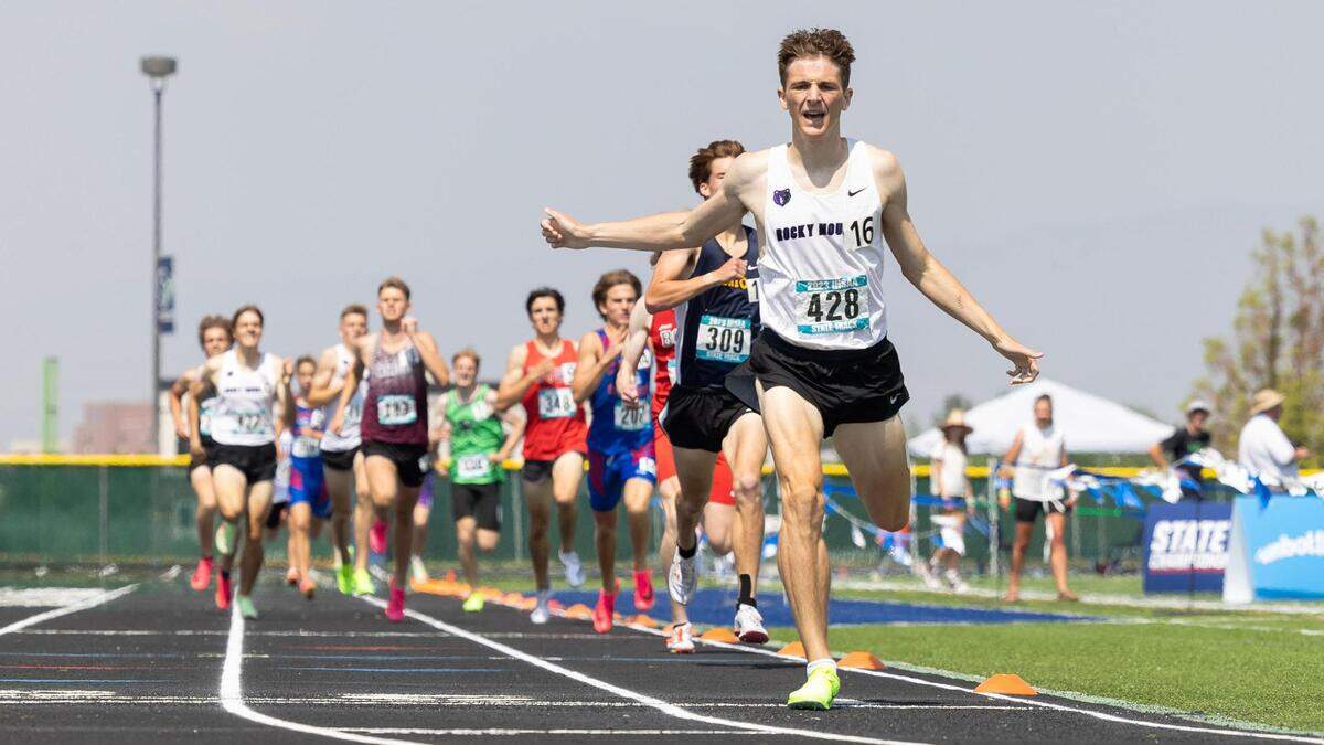 Tyler Sainsbury of Rocky Mountain crosses the finish line first in the 5A boys 800 meters.