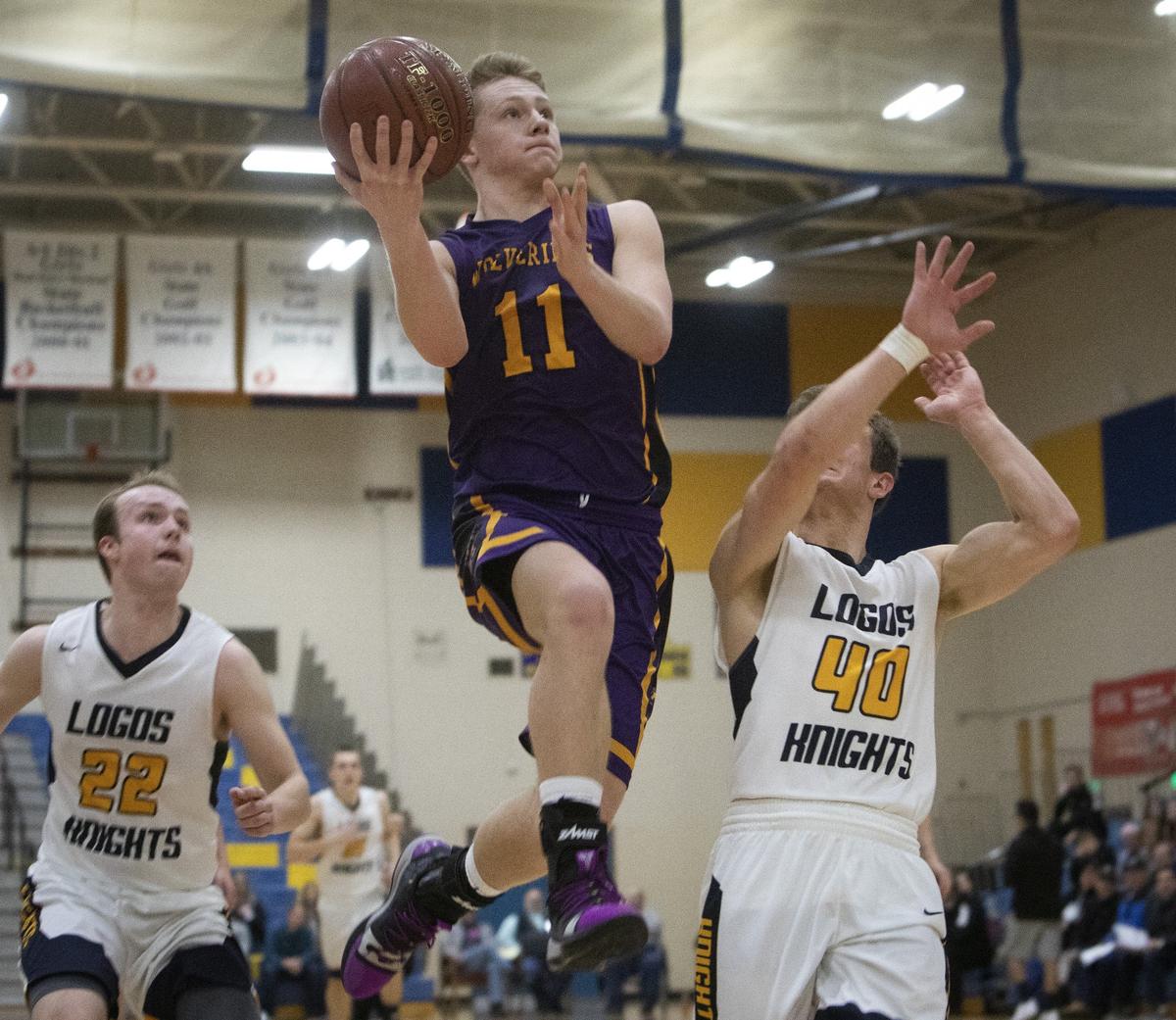 Garden Valley high scorer Covy Kelly goes up for another two. Kelly scored 18 points in Garden Valley’s 54-48 win over Logos in the semi-final round of the 1A Division II state boys basketball championship tournament on Friday, March 1, 2019, at Caldwell High School.