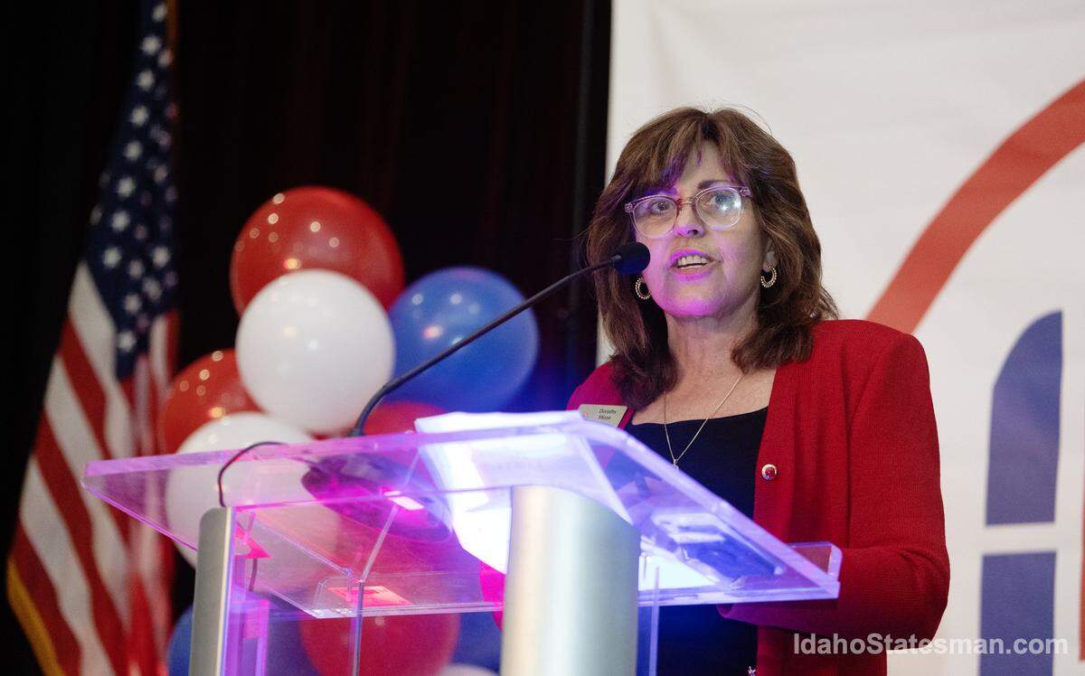 Dorothy Moon, chairwoman of the Idaho Republican Party, leads a watch party for Idaho Republican candidates at the Grove Hotel in Boise on Nov. 8, 2022. Moon opposed a bill to move the upcoming primary election from March to May. The Idaho GOP last week approved a plan to host a March caucus next year.