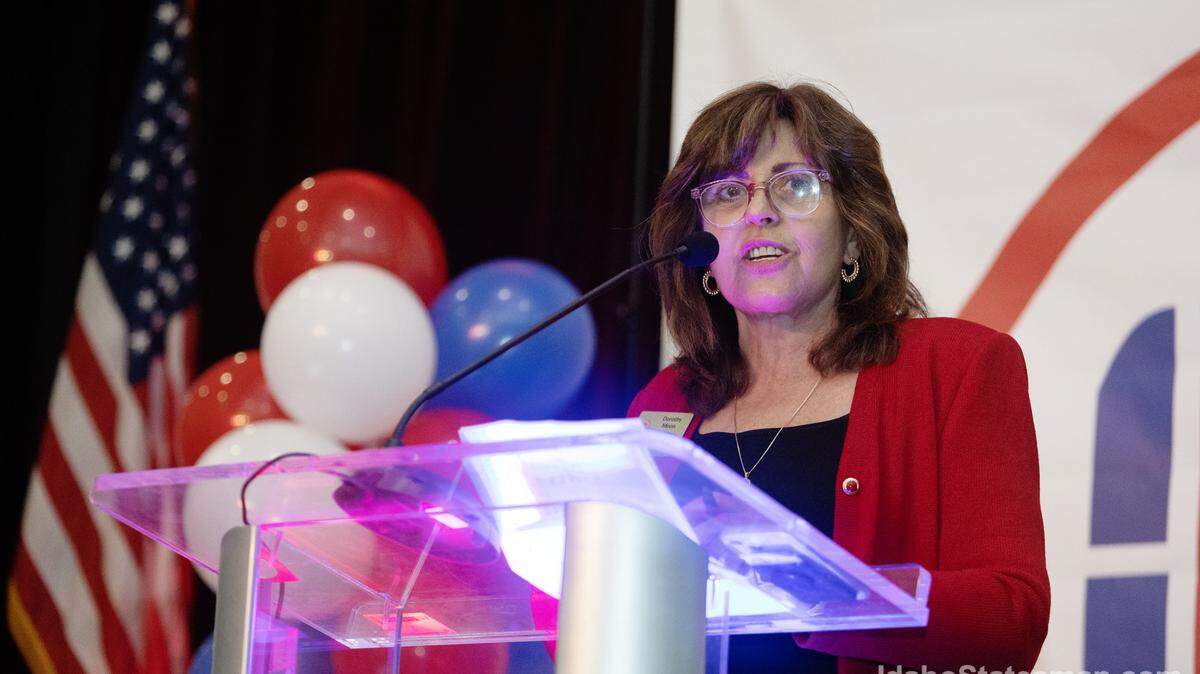 Dorothy Moon, chairwoman of the Idaho Republican Party, leads a watch party for Idaho Republican candidates at the Grove Hotel in Boisein this 2022 file photo.