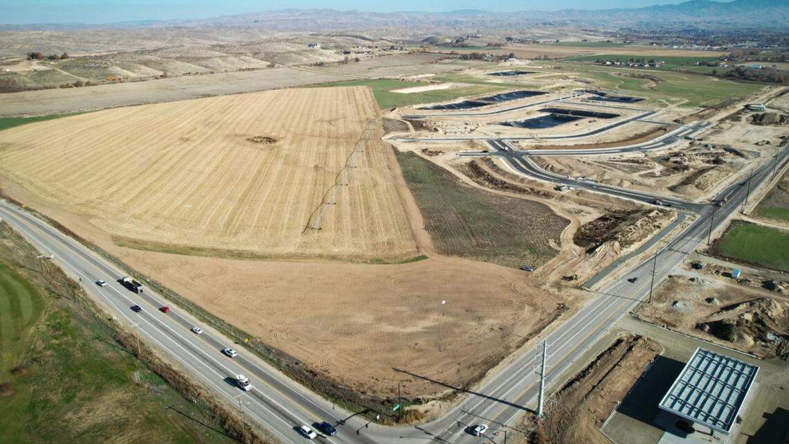 This aerial photo looking northeast shows Terra View in center with Highway 16 at bottom left and Beacon Light Road at bottom right. Terra View South would be just out of frame at bottom right.
