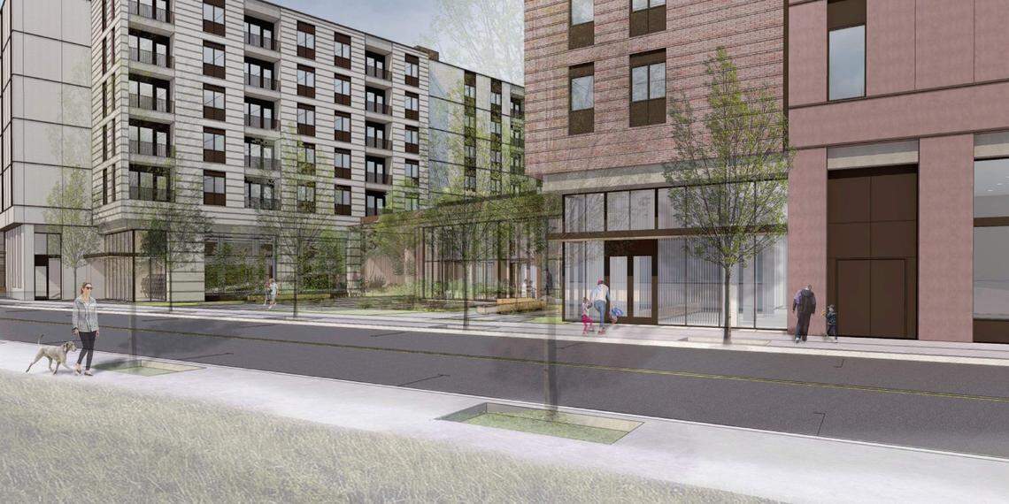 Roundhouse, a developer, is planning two apartment buildings at 27th Street and West Fairview Avenue. This rendering shows a future view from across 27th Street. These apartments are part of the first phase of Roundhouse’s Whitewater project.