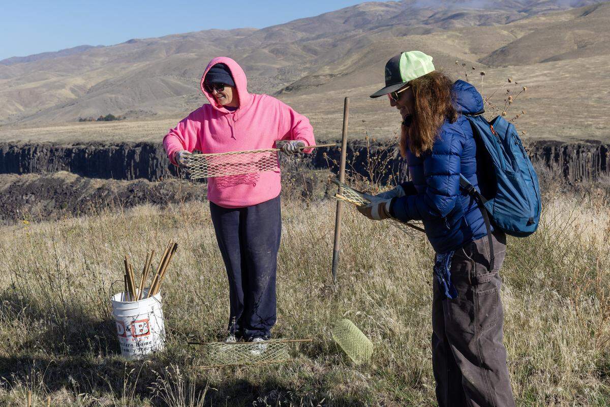 Alyson Singer, Regional Project Manager for Sagebrush in Prisons Project, right, works with South Boise Women's Correctional Center resident Heidi King, left, at the burn site of the Plex Fire in Boise, Thursday, October. 16, 2025.