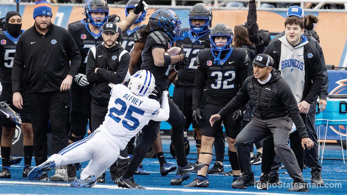 Boise State wide receiver Latrell Caples hauls in a pass near the sideline during the Broncos’ loss to BYU on Nov. 5.