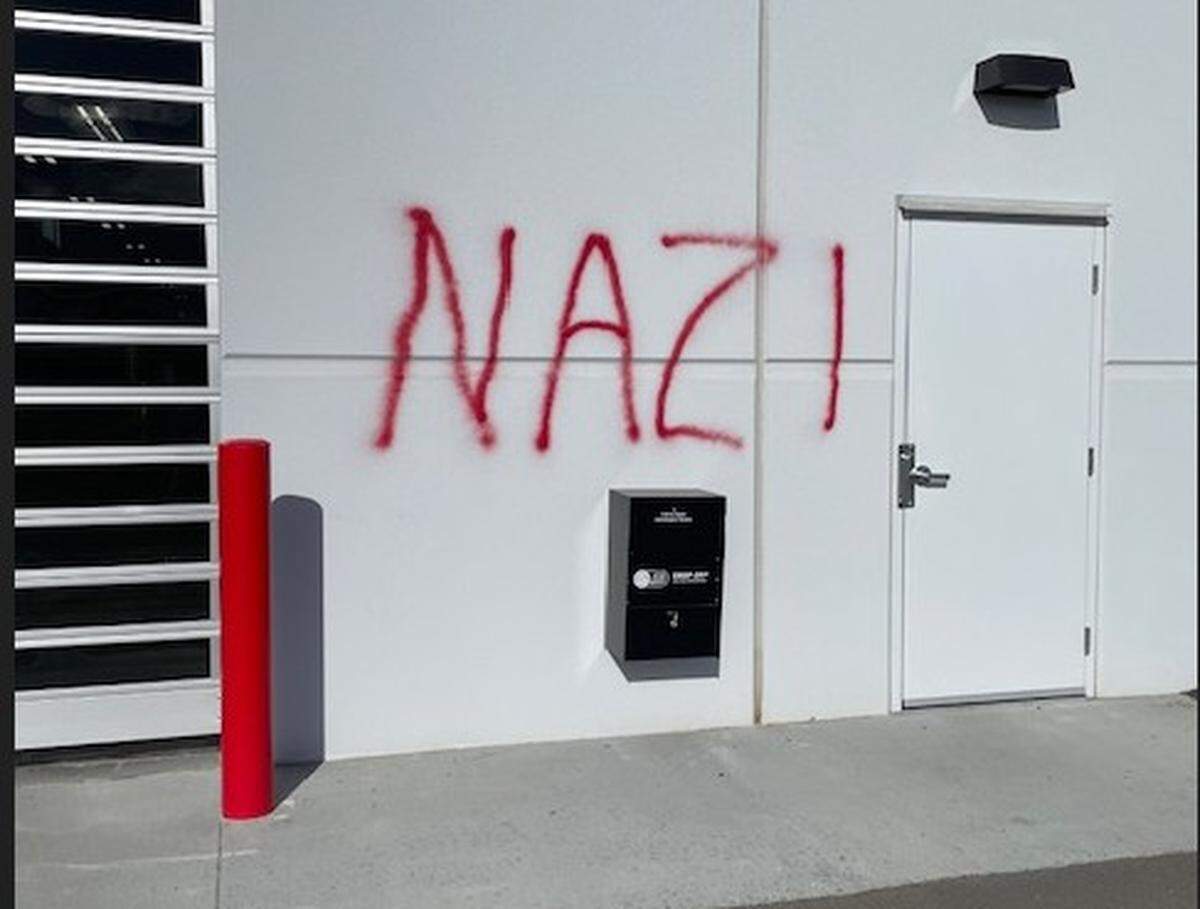 The Meridian Police Department said it’s investigating the incident after the unknown suspect vandalized 16&nbsp;Tesla Cybertrucks and spray-painted the word “Nazi” on the exterior of the dealership. 
