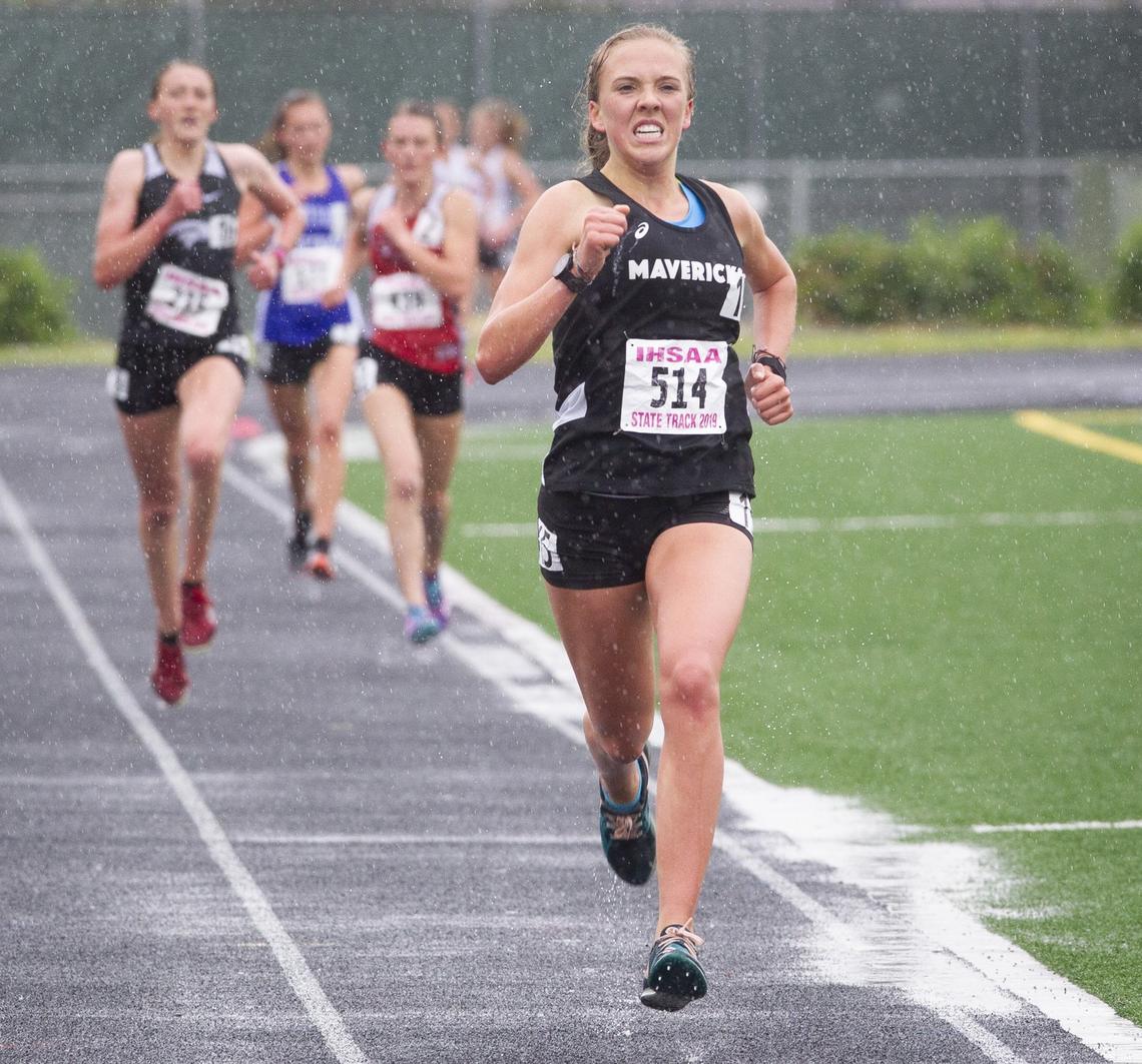 Mountain View’s Lexy Halladay crosses the finish line in 10:39.23 for her third straight title in the 5A girls 3,200 meters in the state track and field championships at Eagle High on Friday, May 17, 2019.