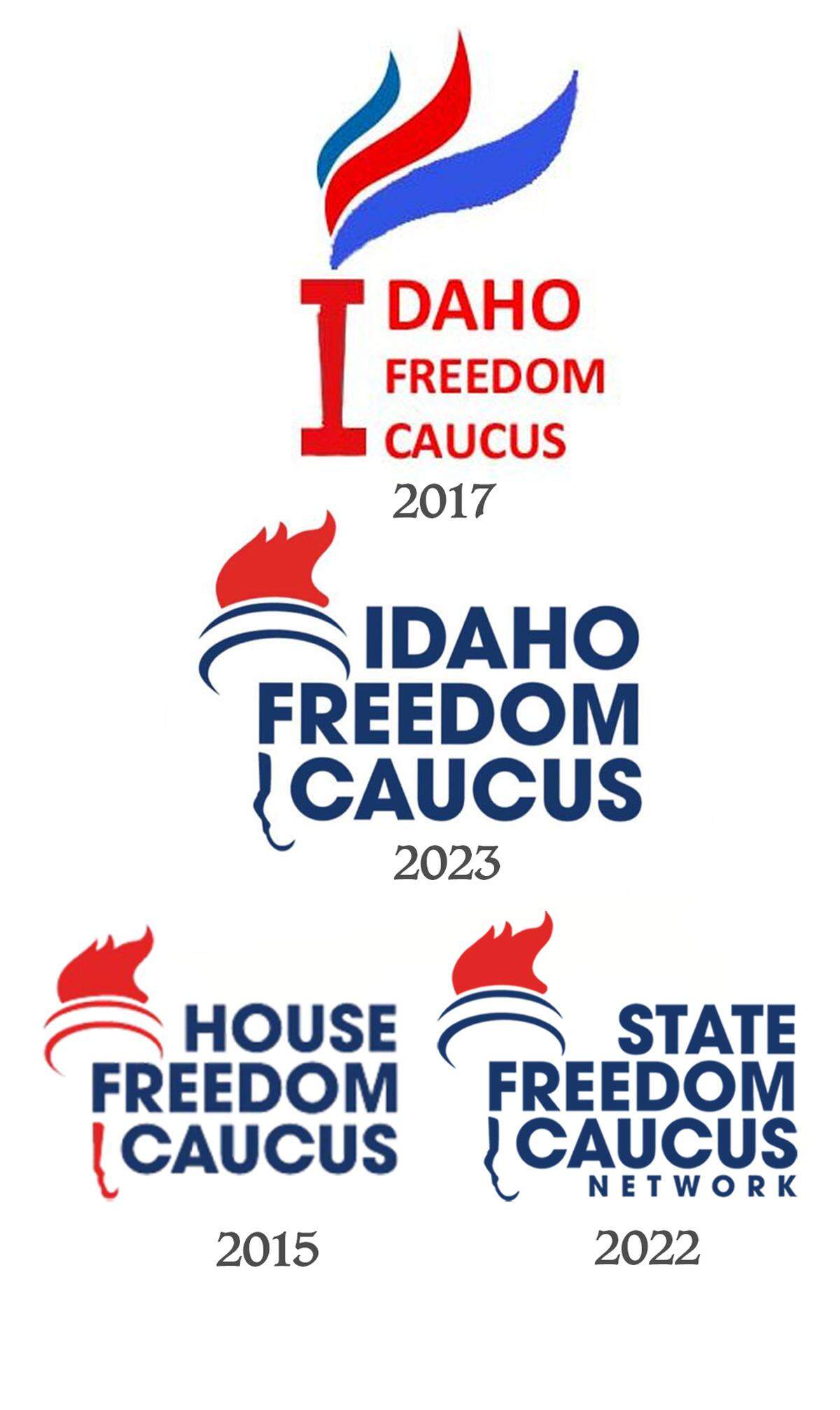 From top: the original Idaho Freedom Caucus logo, the current logo, and the logos of the House Freedom Caucus and the State Freedom Caucus Network. The Idaho Freedom Caucus filed a trademark for the current logo, but the State Freedom Caucus Network says the state group doesn’t have permission to use the logo at all.