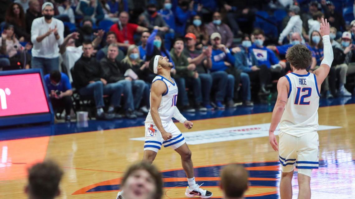 Boise State guard Marcus Shaver, Jr. celebrates a 3-pointer that broke a tie late in the second half against Mountain West foe Fresno State Tuesday, Dec. 28, 2021 at ExtraMile Arena in Boise. The Broncos kept the momentum winning the conference opener 65-55.