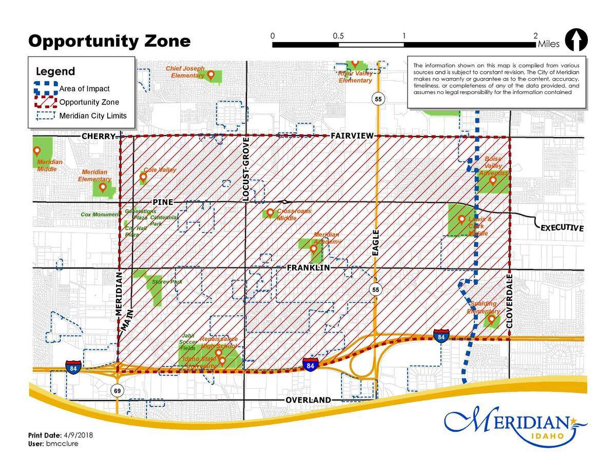 The Meridian Opportunity Zone, which provides tax breaks for commercial projects, takes in an area bordered by South Meridian Road on the west, East Fairview Avenue on the north, South Cloverdale Road on the east and Interstate 84 on the south.