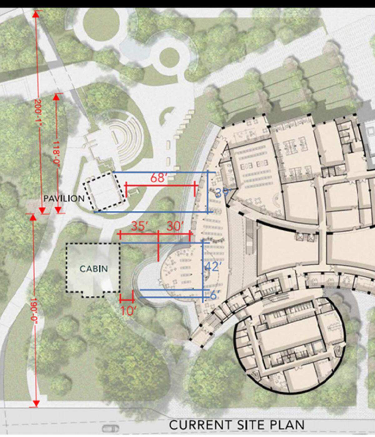 How Moshe Safdie’s design for the proposed new library (in beige) would affect The Cabin. The bulbous shapes to the right of The Cabin are a children’s room and an adjoining outdoor children’s garden. This map also shows a new outdoor pavilion that opened this year in the Anne Frank Human Rights Memorial just north of The Cabin.