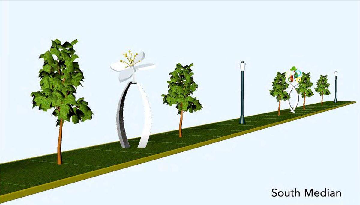 “Transitions” kinetic wind sculptures, is one of three proposed public art installations for the Vista Avenue gateway corridor. This view shows how the sculptures would be placed within the median.
