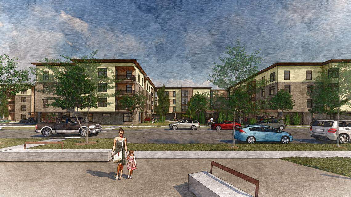 The revised plans for Molinari Park would feature ground-floor parking stalls and four stories of apartments. Here, a view of the courtyard looking out within one of the proposed apartment buildings.