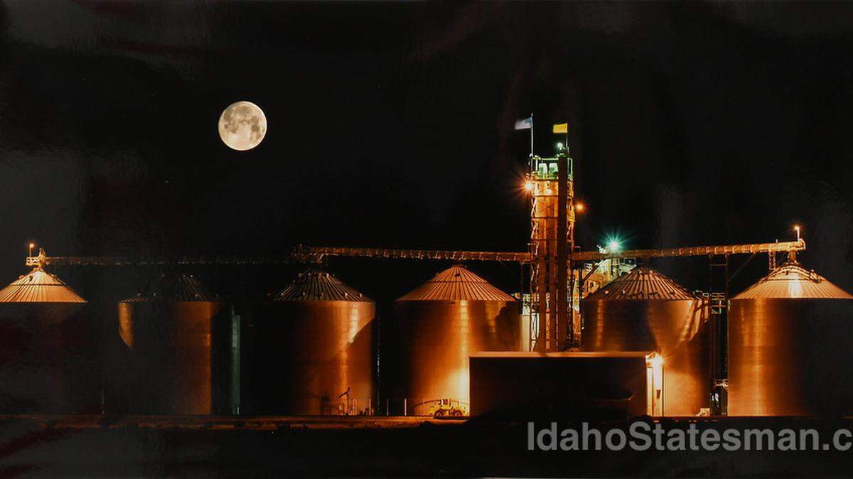 Full moon over silos near Mountain Home, Idaho.