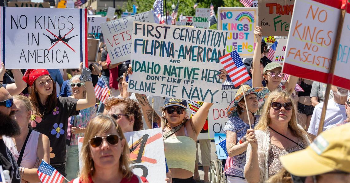 Thousands of protesters gathered outside of the Idaho Capitol Building in Boise Saturday, June 14, 2025 as part of the national “No Kings” protests against President Donald Trump and his administration.