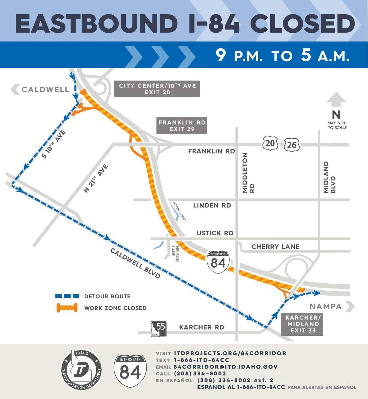 Part of Interstate 84 will be closed to repair potholes and pavement, according to Idaho Transportation Department. The westbound portion of I-84 will close from 10 p.m. Tuesday to 6 a.m. Wednesday, and the eastbound lanes will close from 9 p.m. Wednesday to 5 a.m. Thursday.