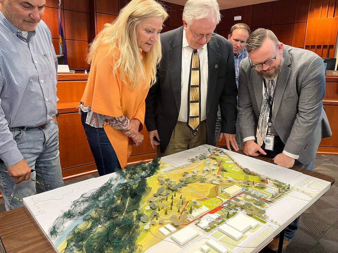 Members of the Ada County Commission look at a potential design on Tuesday from Port, a national firm, for a new Expo Idaho park. From left: Commissioners Kendra Kenyon, a Democrat, Rod Beck and Ryan Davidson, both Republicans.