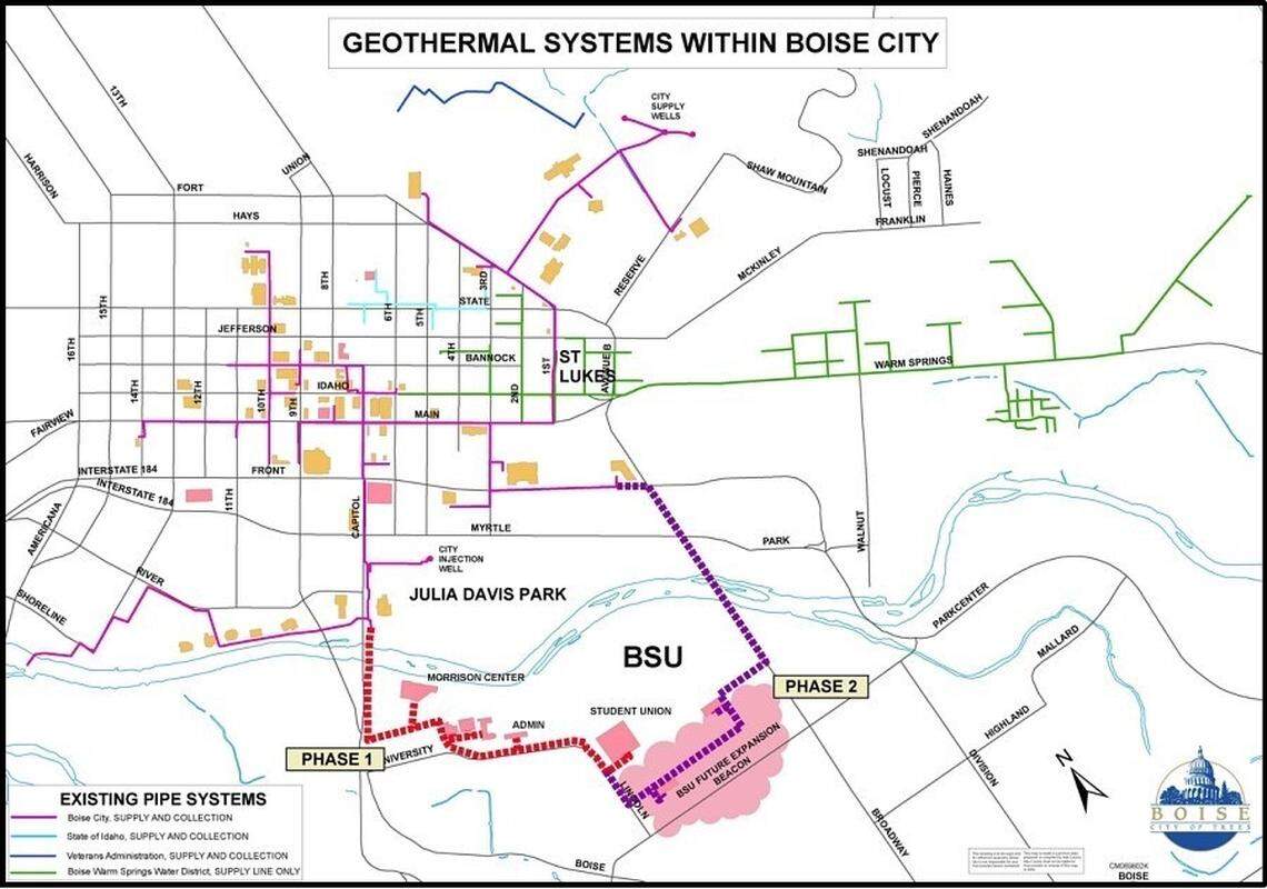 A map showing showing the layout of geothermal heating services in the city of Boise. The city’s pipes are colored purple.