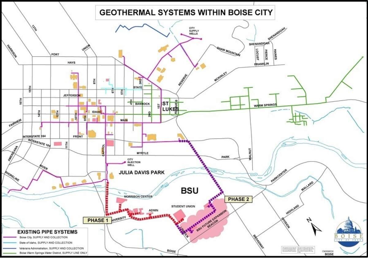 A map showing showing the layout of geothermal heating services in the city of Boise. The city’s pipes are colored purple.
