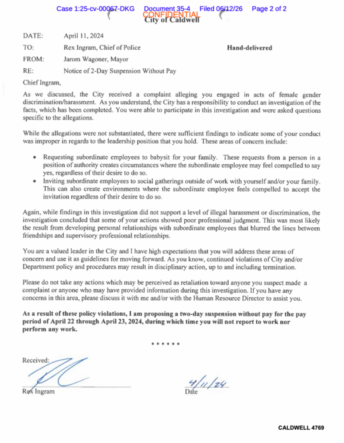 An April 2024 disciplinary letter suspending Caldwell Police Chief Rex Ingram for two days without pay.