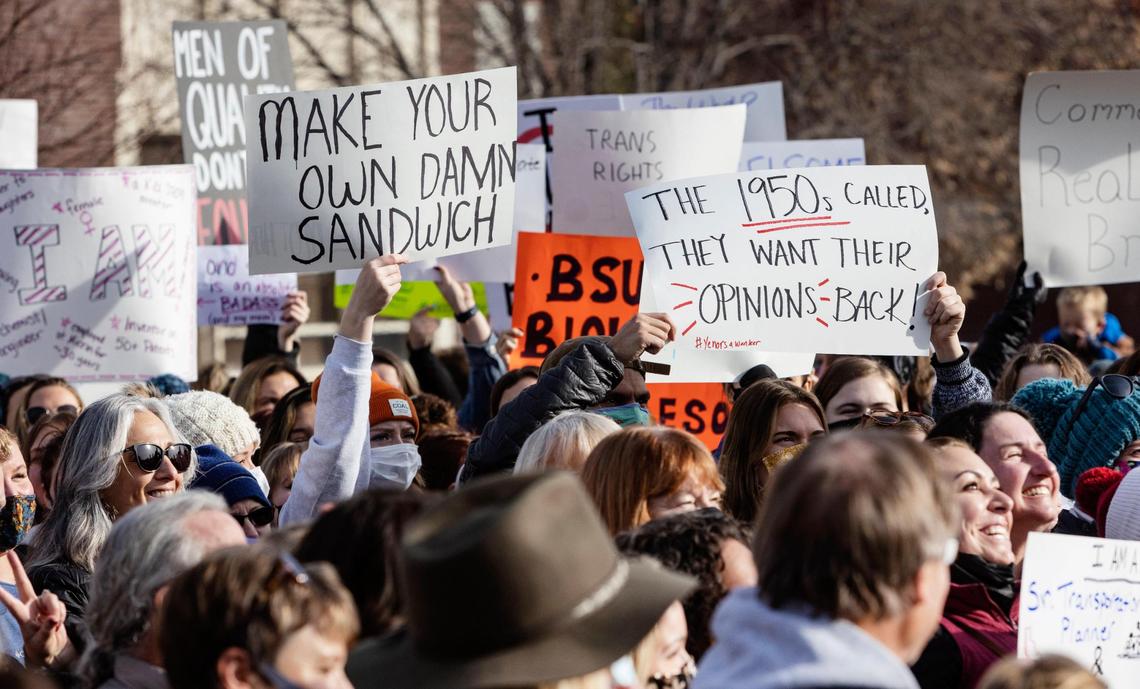 A crowd over several hundred people gathered at the Boise State University B statue to show their protest against comments about women made by Boise State political science professor Dr. Scott Yenor. During a speech at the National Conservatism Conference Yenor said working women are “more medicated, meddlesome, and quarrelsome than women need to be” as well as discouraging the recruitment of women into engineering, med school and law.