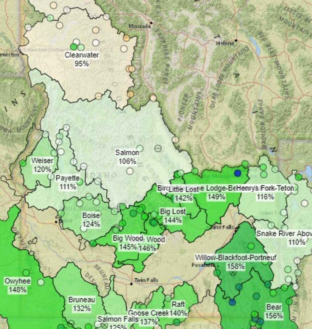 Snowpack levels in Idaho’s watersheds show above-normal levels in all but the most northern portions of the state.