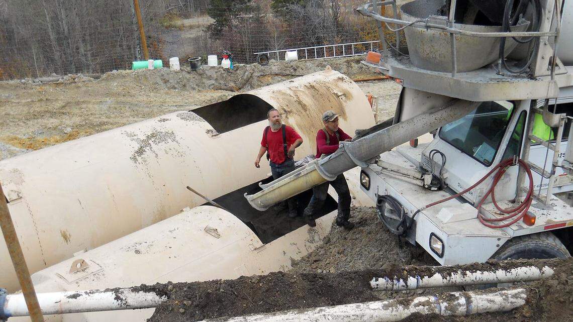 A truck pours concrete into one of the filtration tanks installed in 2012 near Montezuma Creek in the Boise National Forest, as part of a system cleaning up arsenic and iron pollution from an old mine.
