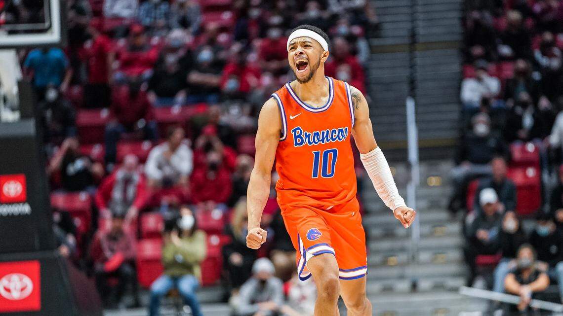 Marus Shaver Jr. celebrates his 3-pointer with 30 seconds left that broke a tie on the way to Boise State’s 42-37 victory over San Diego State on Saturday at Viejas Arena.