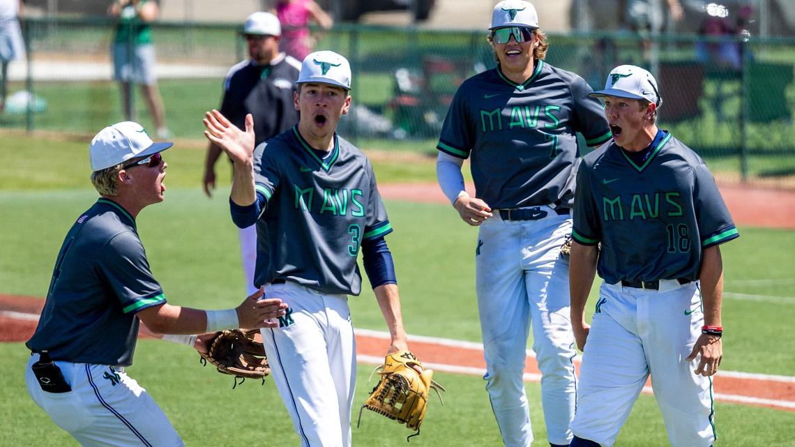 Mountain View pitcher Conner Marshall waves goodbye to Eagle after a strikeout to wrap up a 5-3 win over No. 1 Eagle in the first round of the 5A baseball state tournament Thursday at Wolfe Field in Caldwell.
