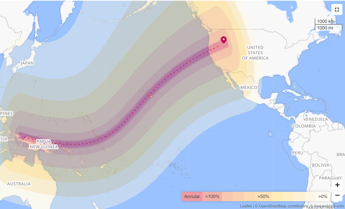 The eclipse path for the annular eclipse in February 2046, which will end in Idaho.