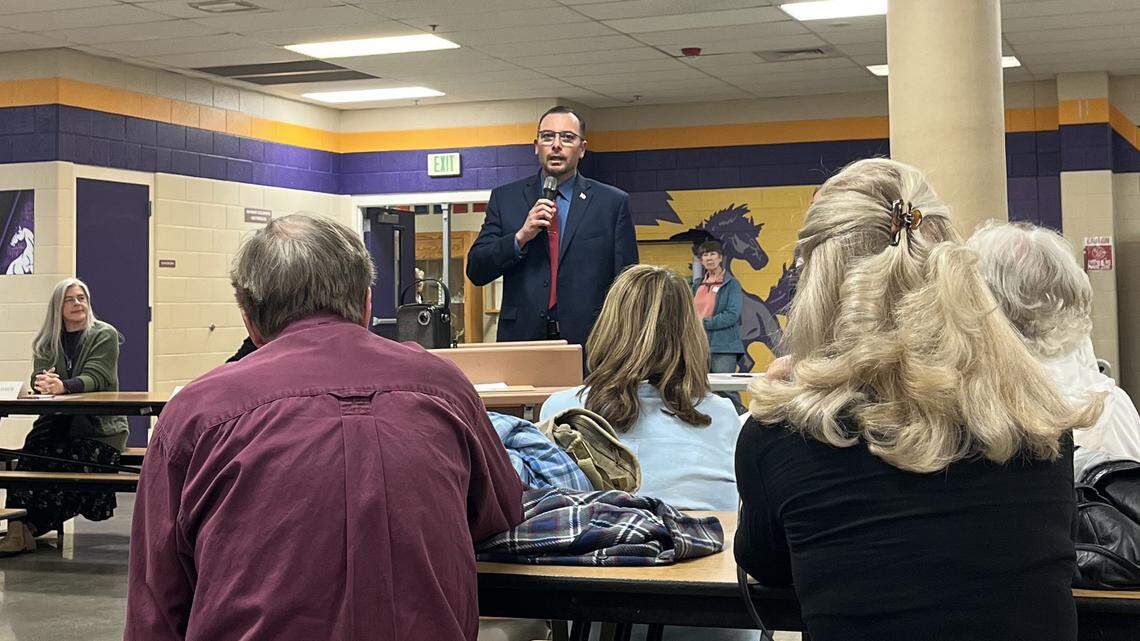 Robert Gillis, a candidate for Eagle City Council, delivers an opening statement. Gillis said he aligns with fellow candidate Kenny Pittman on many issues facing Eagle.