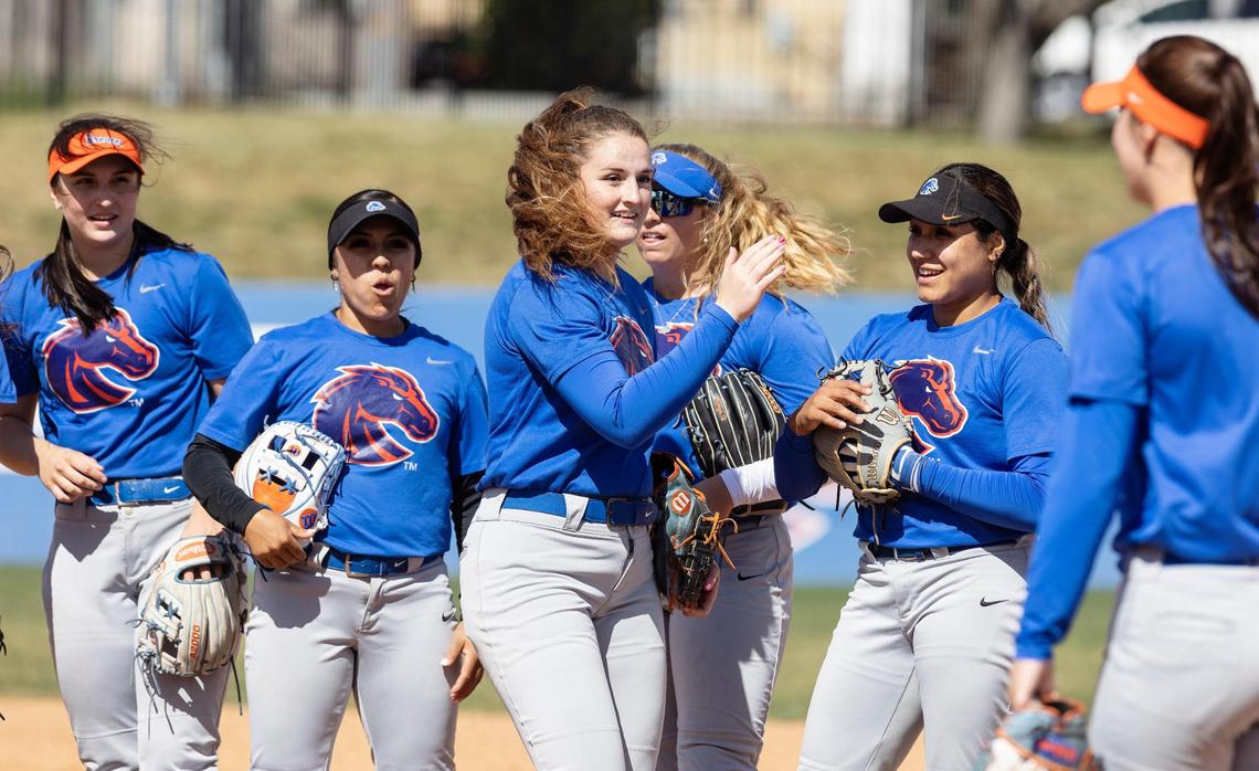 Boise State pitcher Hannah Bailey, center, leads the Broncos with an ERA of 1.74 and a 9-1 record this season, including seven complete games.