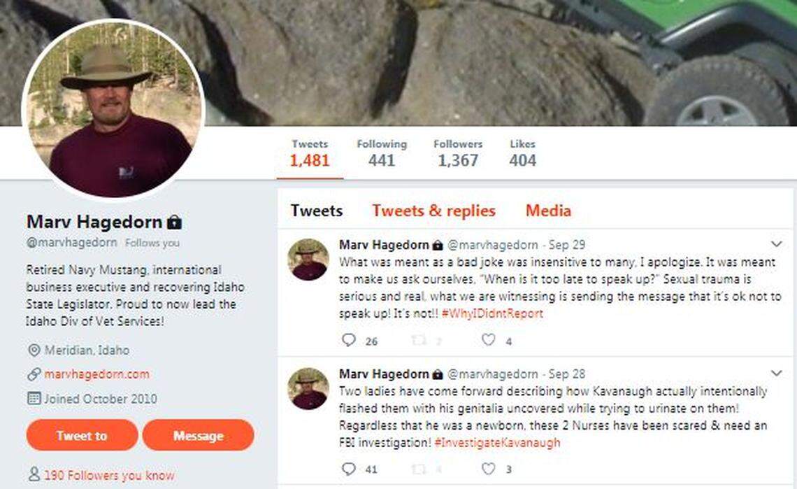 Idaho Division of Veterans Services administrator and former Idaho Sen. Marv Hagedorn apologized for posting a joke about Judge Brett Kavanaugh and delayed reports of sexual assault.