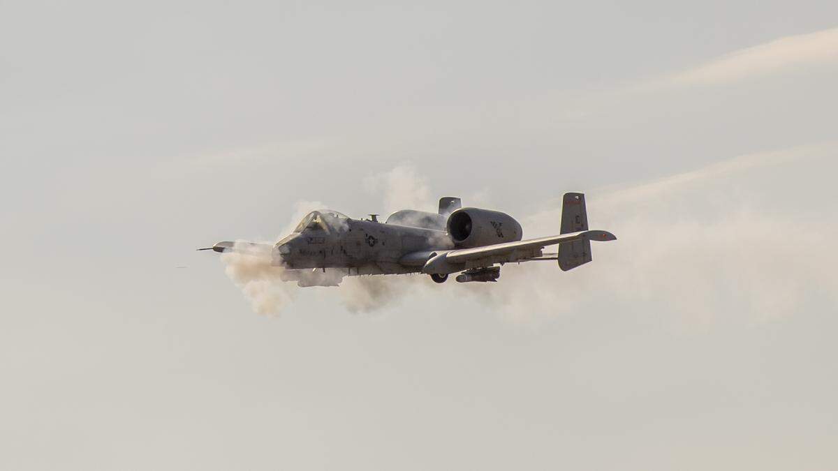 An A-10 Thunderbolt II, from the Idaho National Guard’s 124th Fighter Wing, Boise, performs a strafing run during the Hawgsmoke 2022 gunnery competition on Sept. 8 at the Saylor Creek Bombing Range south of Mountain Home.