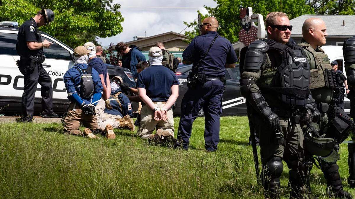 Members of the far-right Patriot Front are arrested in June 2022 in Coeur d’Alene.