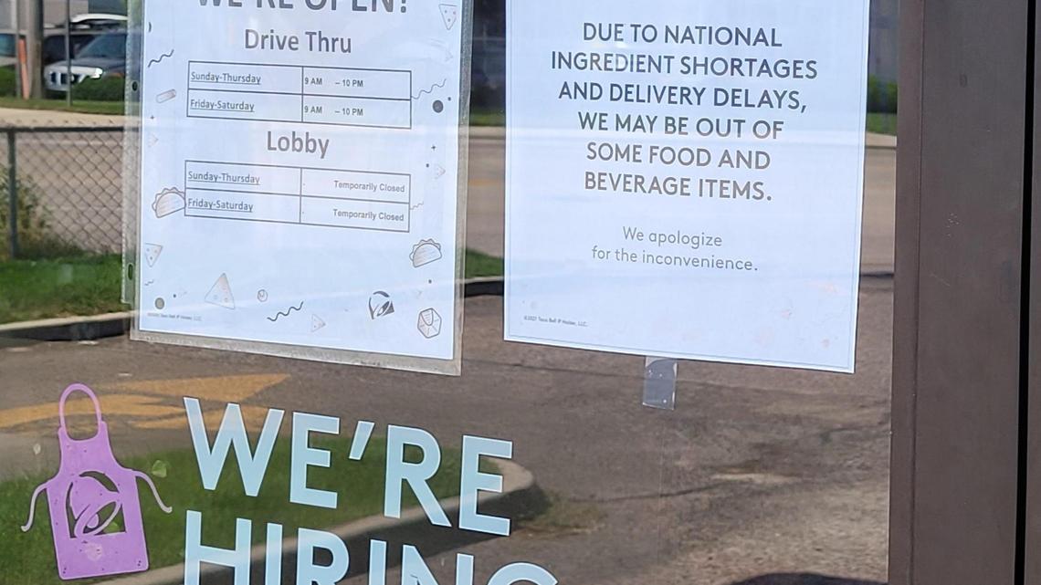 A sign on the door of the Taco Bell restaurant at 3377 W. State St. in Boise on Tuesday said that “ingredient shortages and delivery delays” were responsible for some menu items not being available.