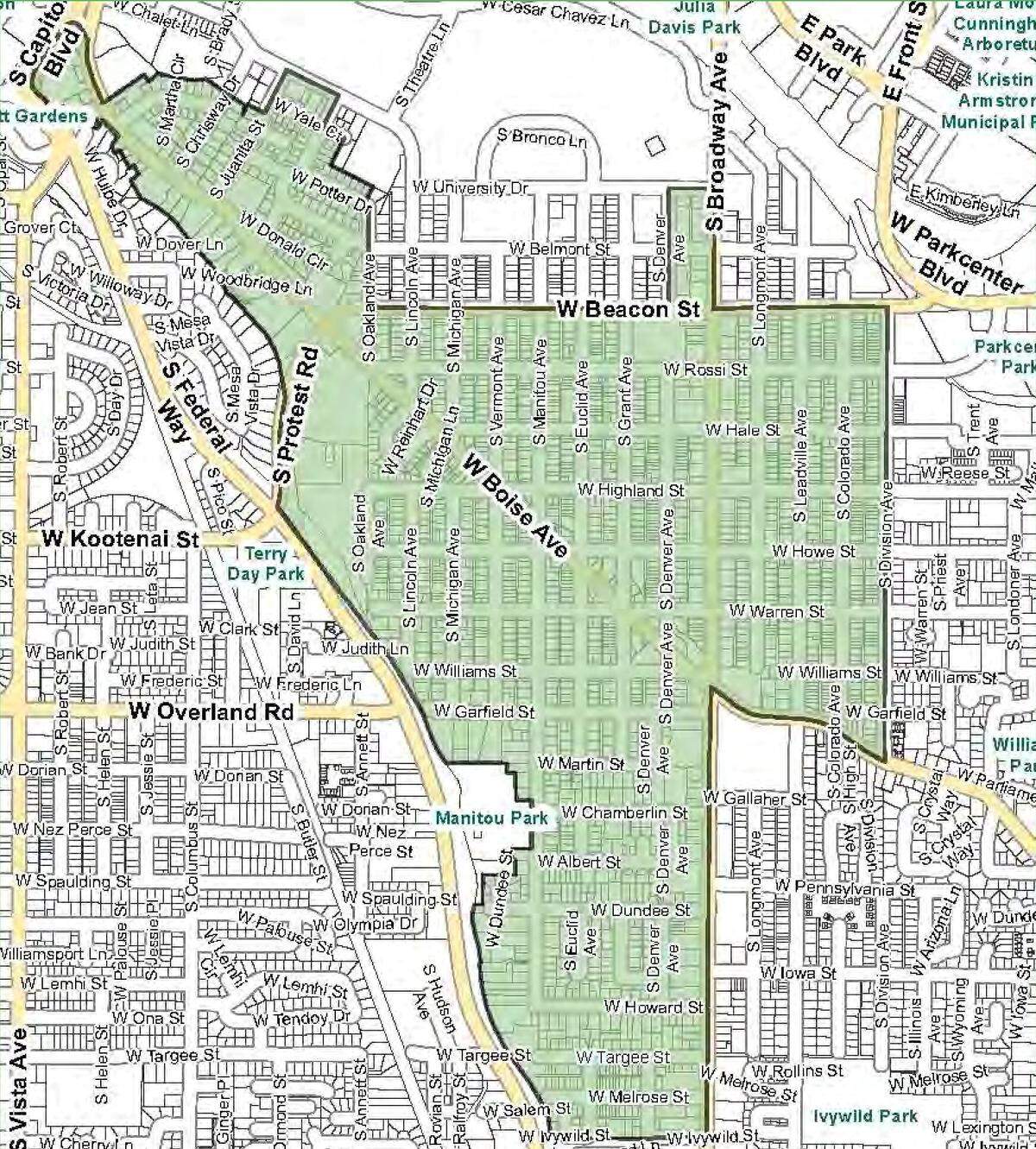 The shaded area is the proposed South Boise Neighborhood Overlay District, where additional restrictions would be placed on development of duplexes to limit the number of bedrooms a duplex could have.