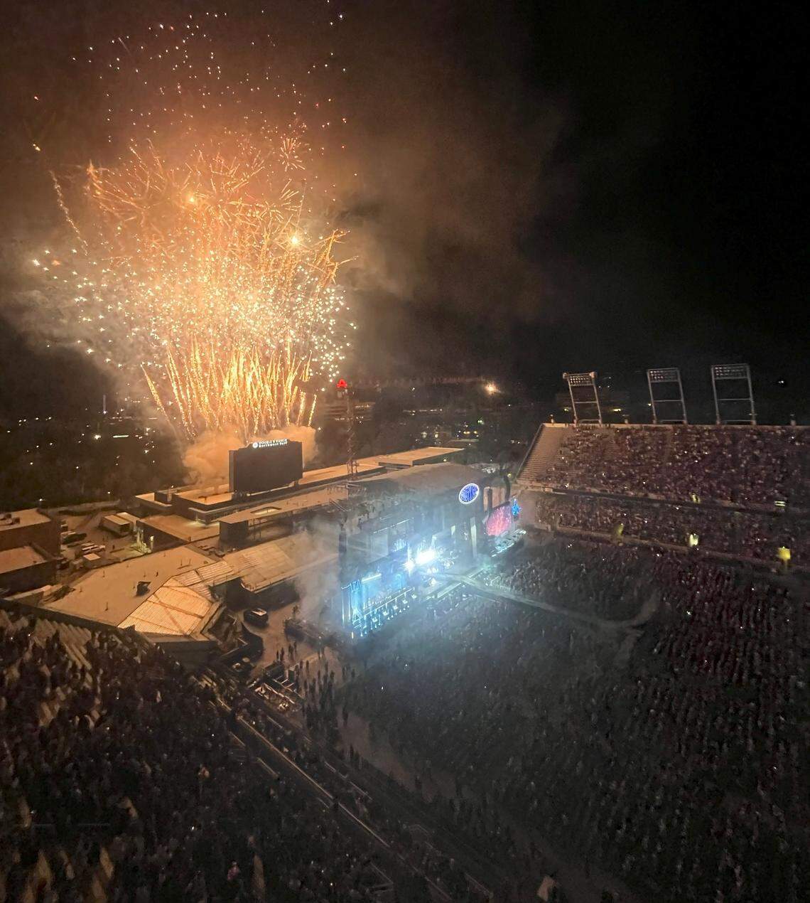 Post Malone’s show in Boise ended with a large fireworks display.