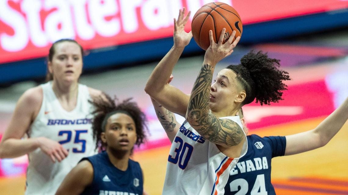 Boise State guard Jade Loville, pictured playing against Nevada earlier this month, set a single-game program record with 40 points in the Broncos’ 85-59 win over UNLV on Wednesday in Las Vegas.