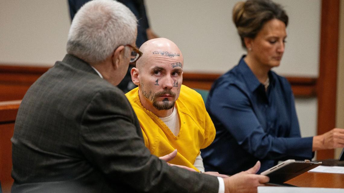 Idaho prisoner Skylar Meade, right, listens to his attorney, Rob Chastain, during a hearing at the Ada County Courthouse in May 2024. Meade entered a guilty plea to escaping custody at Saint Alphonsus Regional Medical Center.