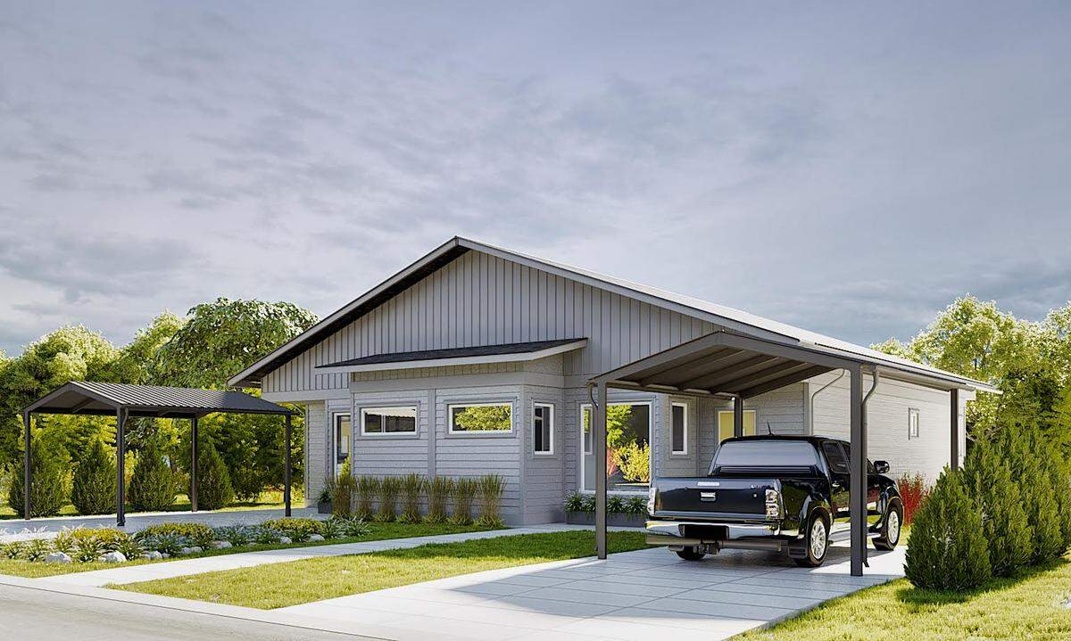 An artist’s rendering of the duplex to be built at 2202 Aries Drive in Nampa for low-income renters. Leap Housing Solutions says the duplex will have garages instead of the carports shown.