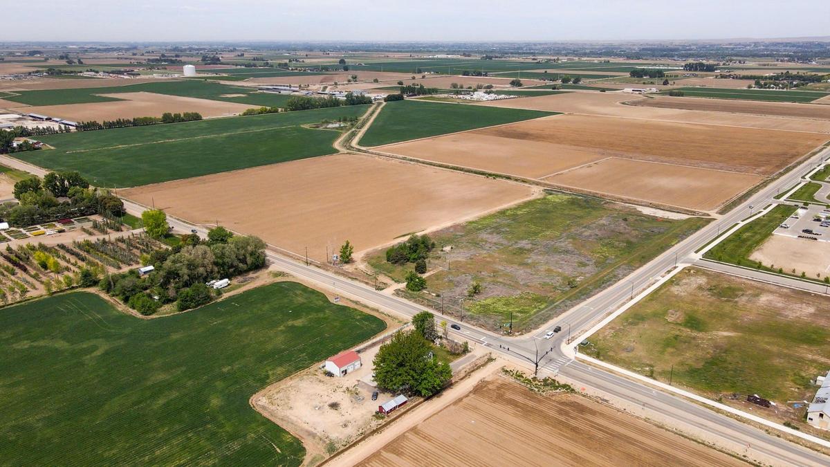 An aerial view of Ustick Road looking northwest from Owyhee Storm Avenue in Meridian. More than a thousand homes could go up over these fields.