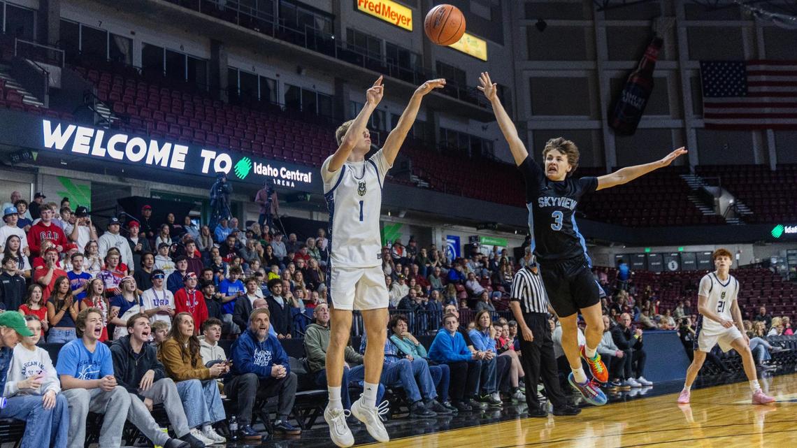 Middleton senior Derrik Walker shoots the ball during their game against Skyview in the 5A District Three boys basketball tournament championship game last week at Idaho Central Arena in Boise.