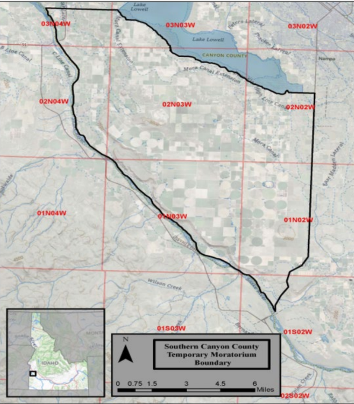 The Idaho Department of Water Resources’ five-year moratorium on new water rights will affect 21 applications between Lake Lowell and the Snake River in southern Canyon County, outlined here in black. 