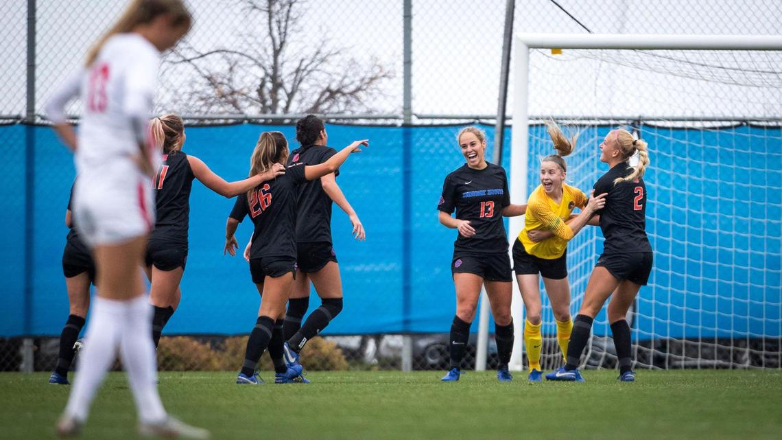 The Boise State women’s soccer team celebrates defeating San Diego State 1-0 in the Mountain West Tournament quarterfinals Monday at the Boas Soccer Complex in Boise.
