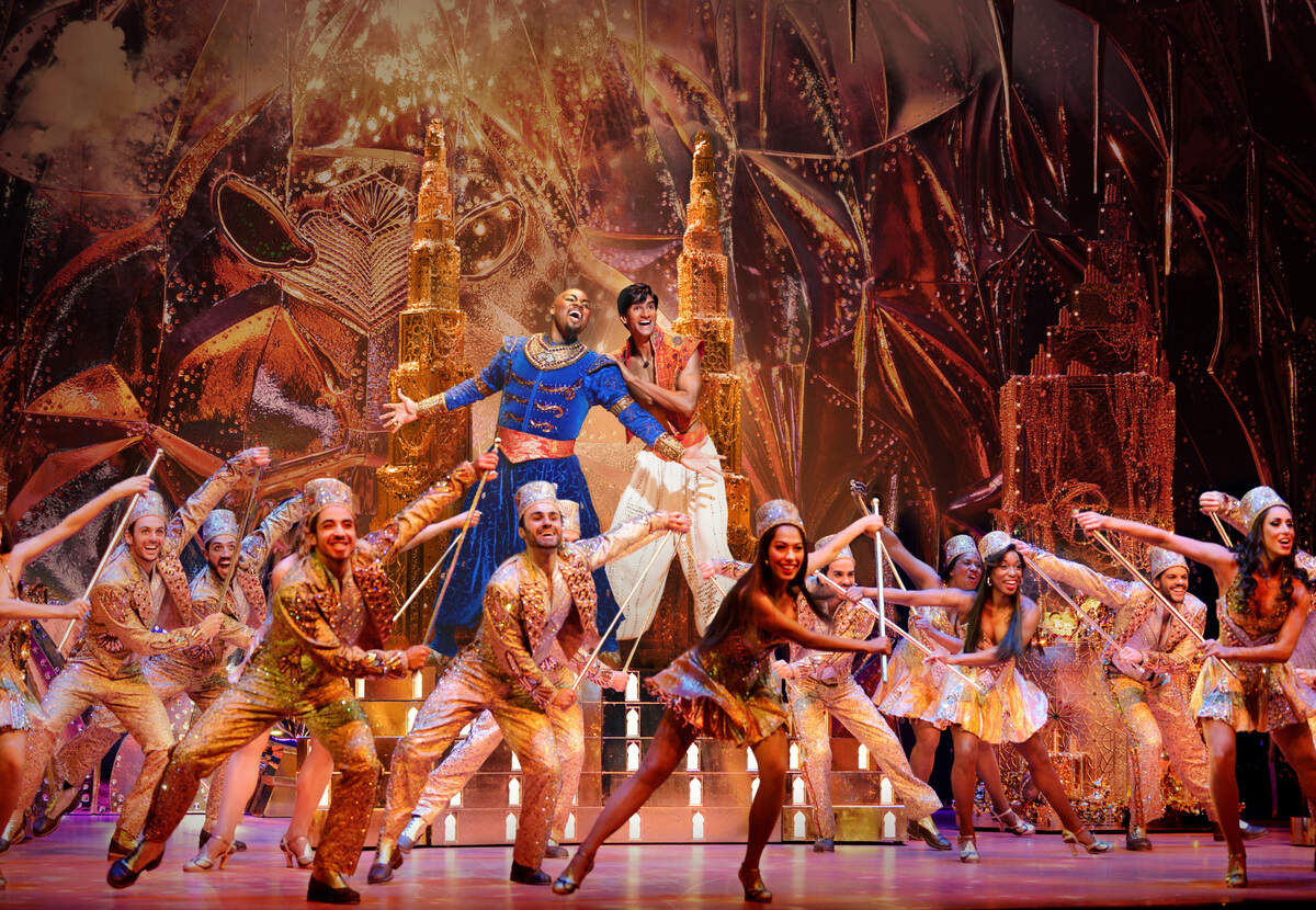 Michael James Scott as Genie and Michael Maliakel as the title character in the Broadway company of “Disney’s Aladdin.” The touring production that will play in Boise launches in October.