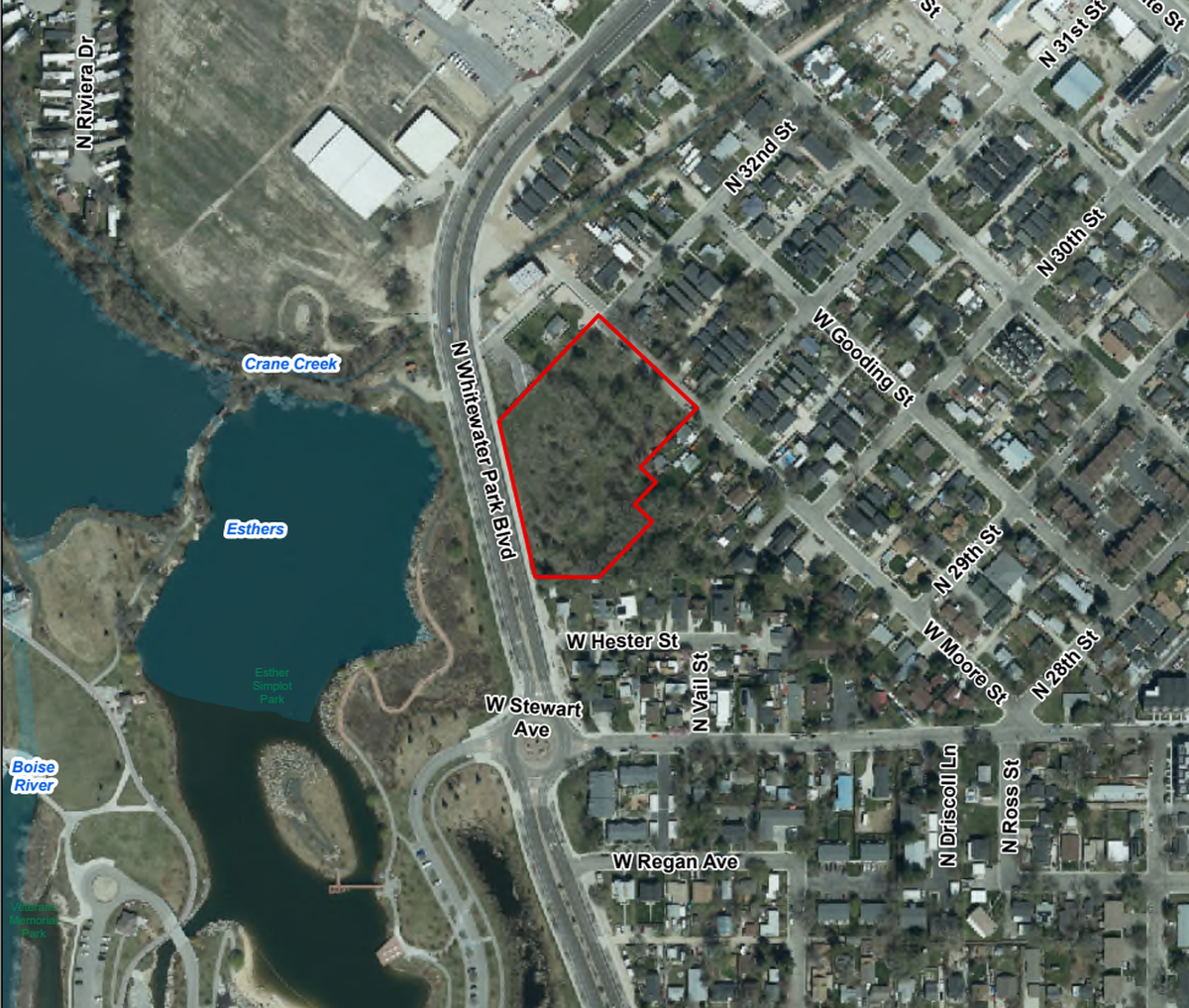 Salt Lake City developer Gardner plans to buy a clutch of parcels between Moore Street and Whitewater Boulevard, outlined here in red, to build the Rivergate Townhomes. 