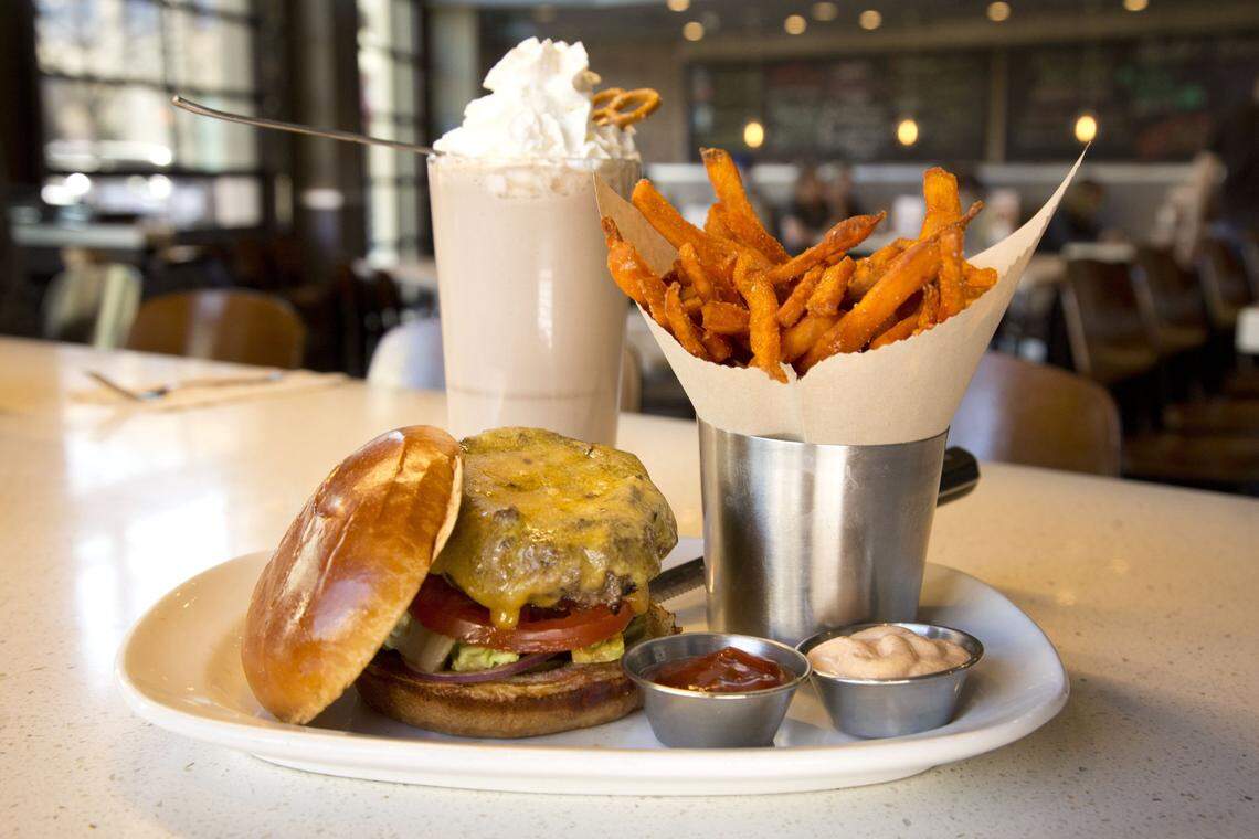 The Official Counter Burger with antibiotic-free beef, sweet potato fries and a Nutella pretzel shake.