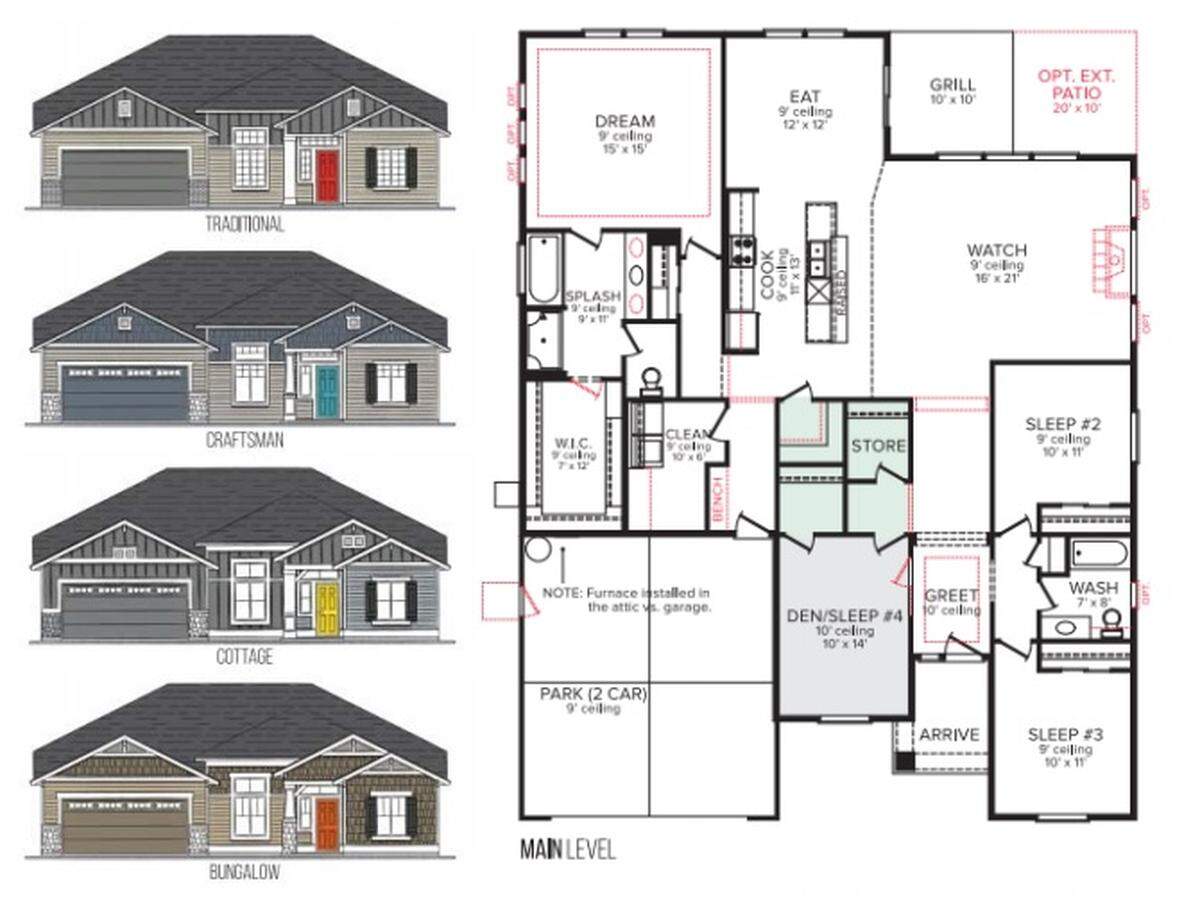 A rendering of the single-story homes proposed for the Voyager neighborhood. The neighborhood could also have two-story houses and alley-loaded homes.=